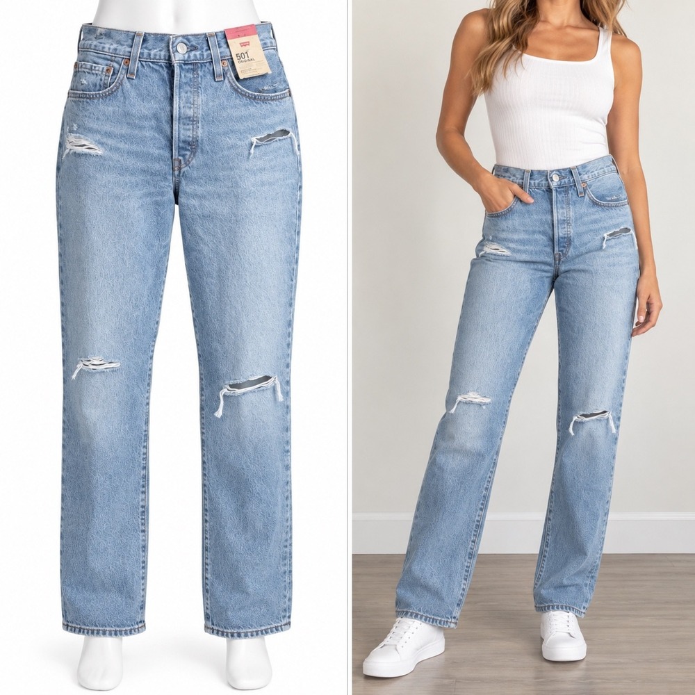 Levi's 501 Original Jeans Women 32x30 Light Blue Distressed Straight Leg Denim